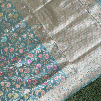 Fountain Blue Handloom Banarasi Pure Katan Silk Kadwa Meenakari Jaal Saree - Khinkhwab