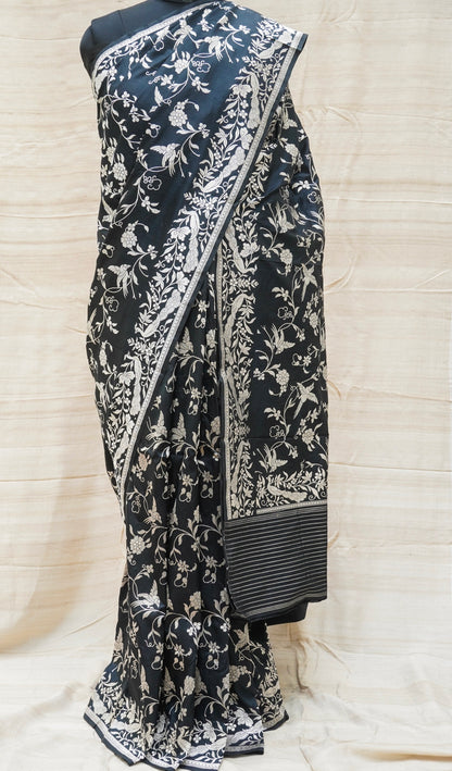 Black Pure Katan Silk Handwoven Banarasi Bird Saree - Khinkhwab