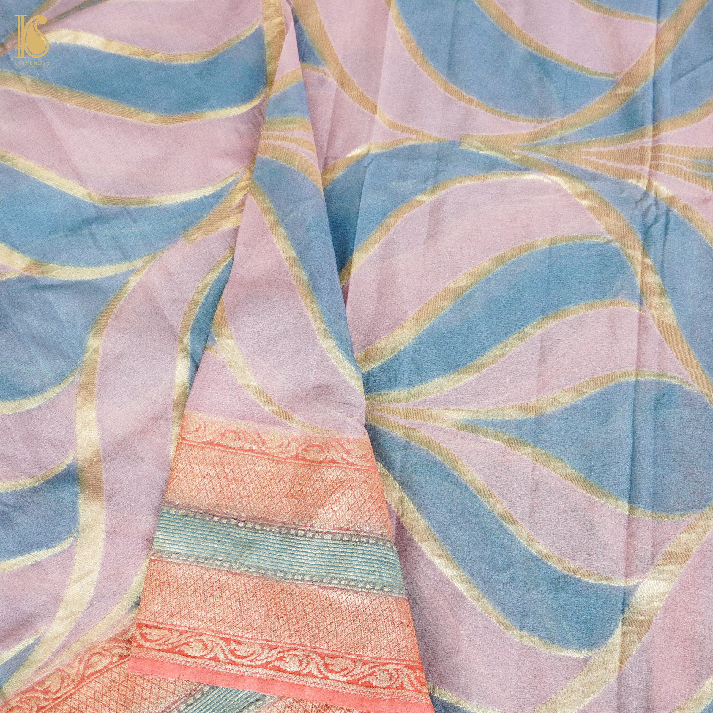 Shilo Pink &amp; Blue Georgette Handloom Banarasi Dupatta - Khinkhwab