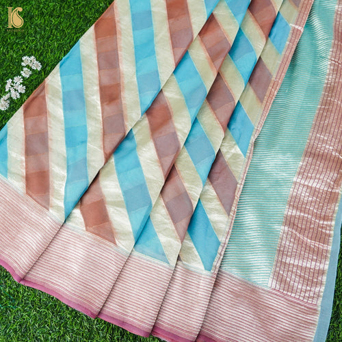 Blue & Orange Pure Georgette Handloom Stripes Banarasi Saree - Khinkhwab