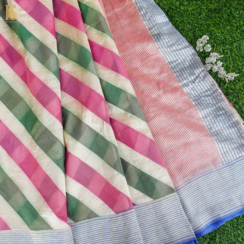 Pink & Green Pure Georgette Handloom Stripes Banarasi Saree - Khinkhwab