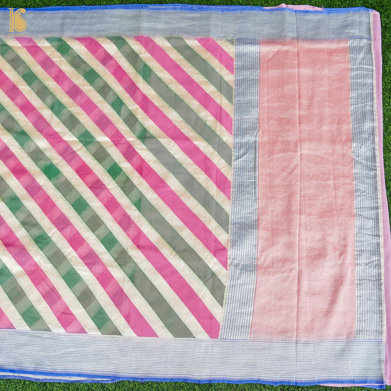 Pink & Green Pure Georgette Handloom Stripes Banarasi Saree - Khinkhwab