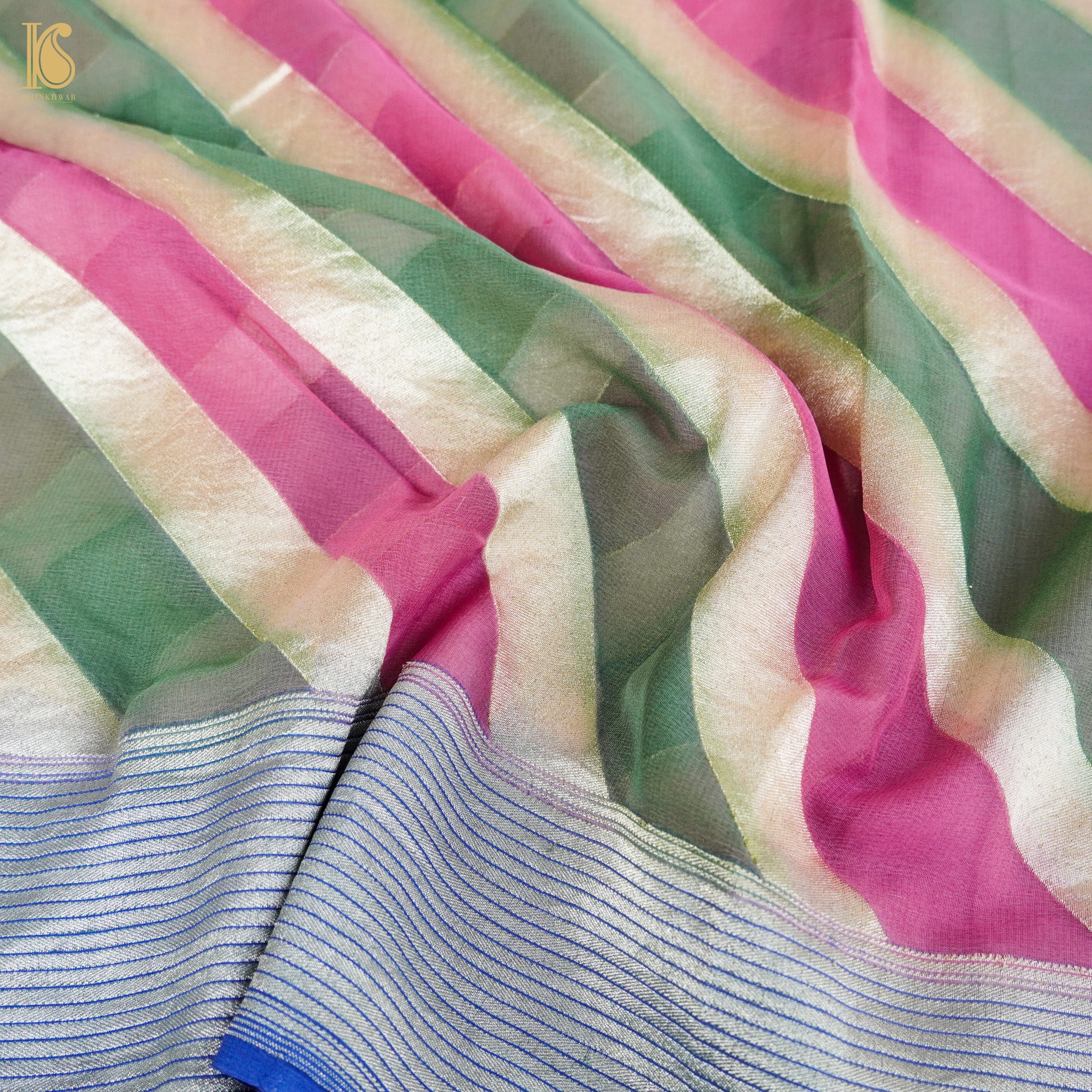 Pink &amp; Green Pure Georgette Handloom Stripes Banarasi Saree - Khinkhwab