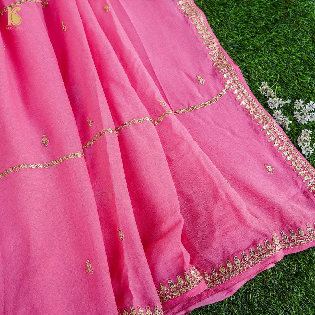 Tickle Me Pink Pure Georgette Embroidery Saree - Khinkhwab