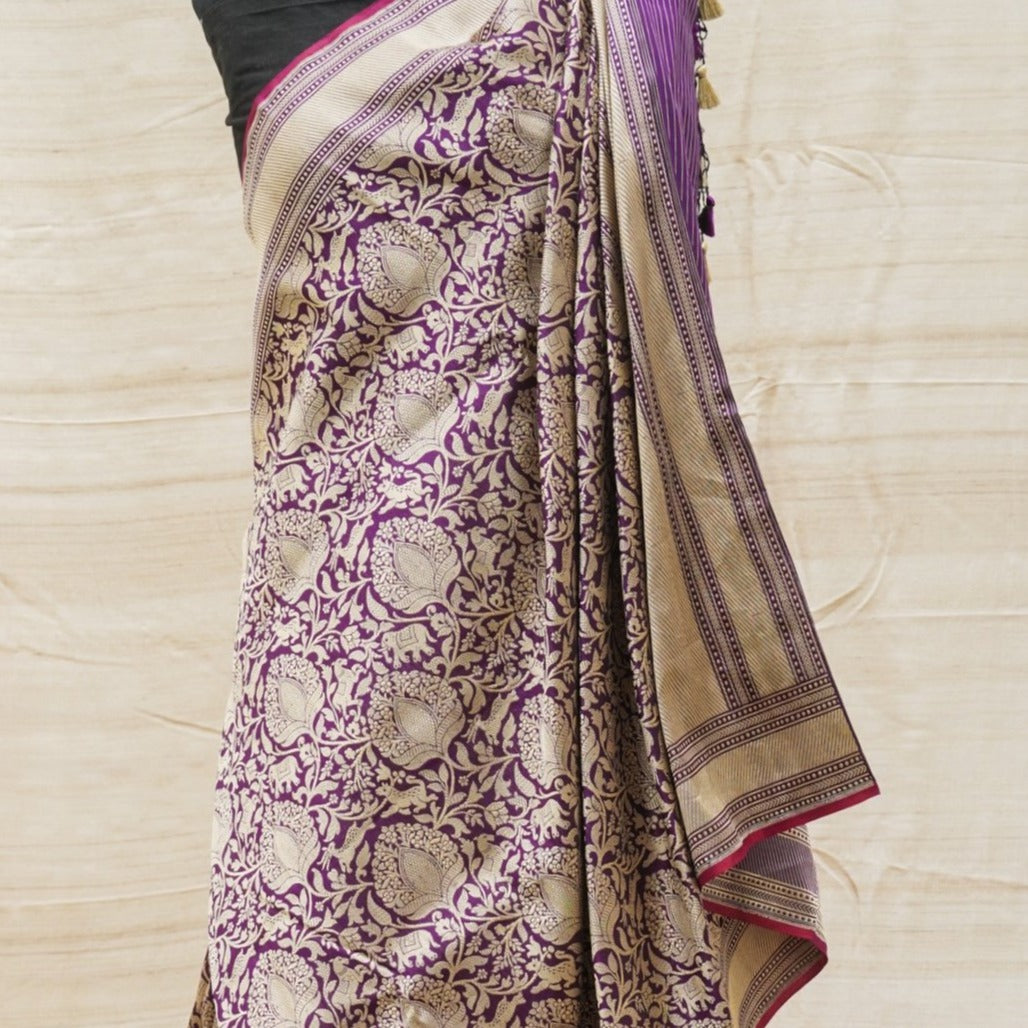 Purple Katan Silk Handloom Banarasi Shikargah Saree - Khinkhwab