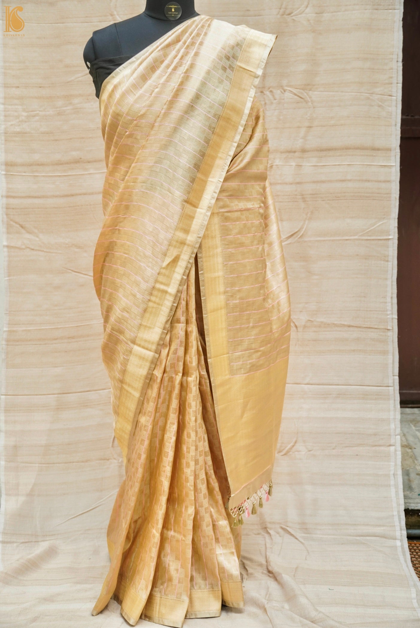 Cotton Seed Beige Handloom Pure Katan Silk Banarasi Kadwa Saree - Khinkhwab