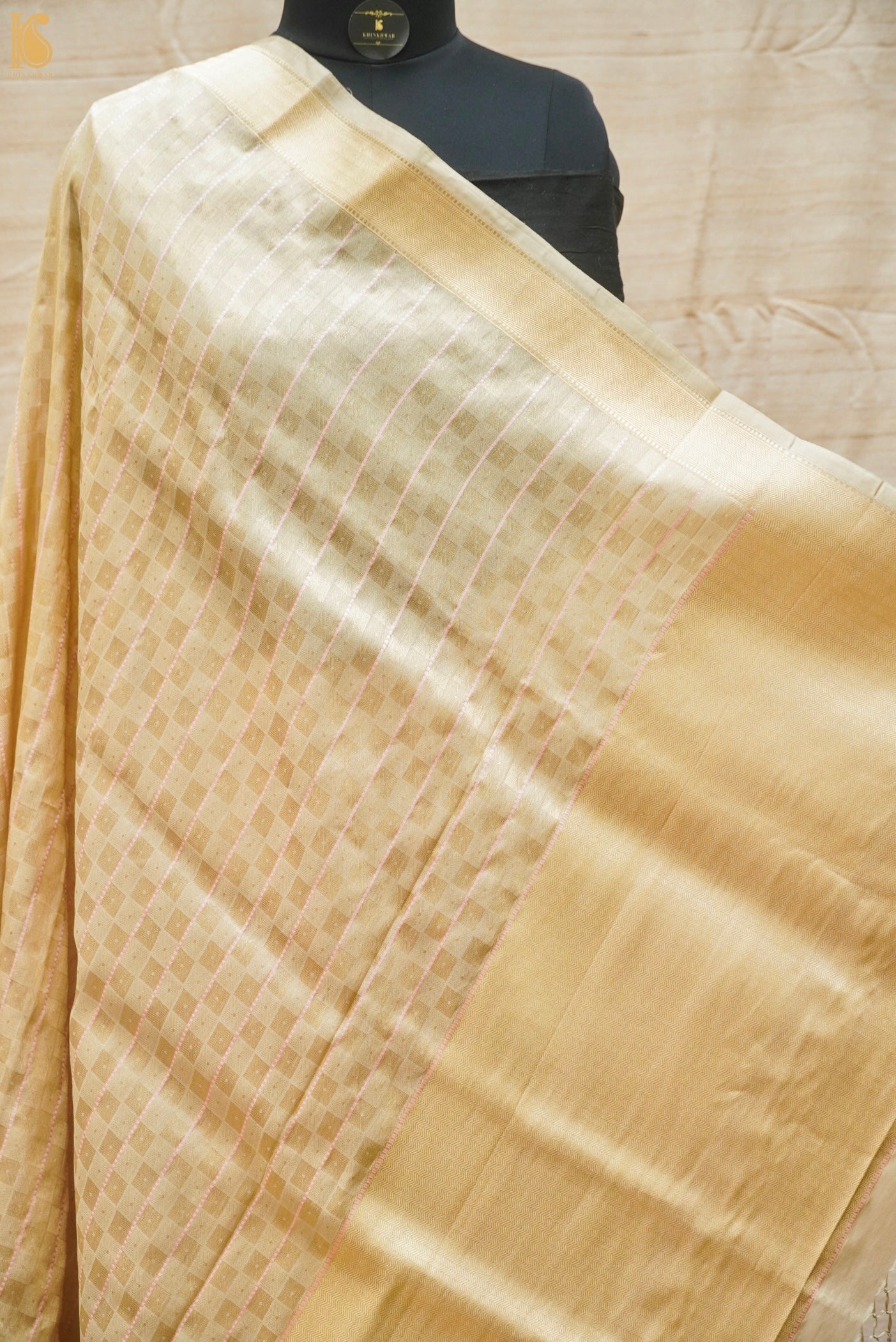 Cotton Seed Beige Handloom Pure Katan Silk Banarasi Kadwa Saree - Khinkhwab