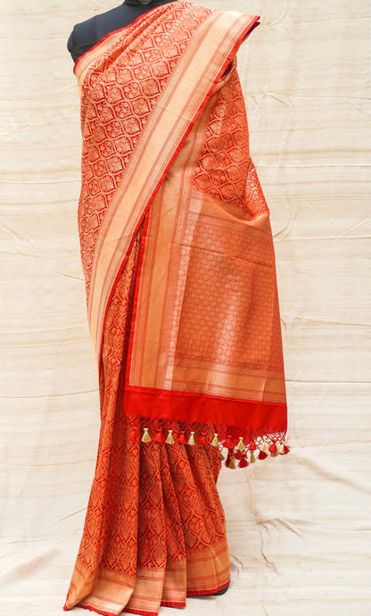 Alizarin Red Pure Katan Silk Handloom Banarasi Zari Tanchoi Saree - Khinkhwab
