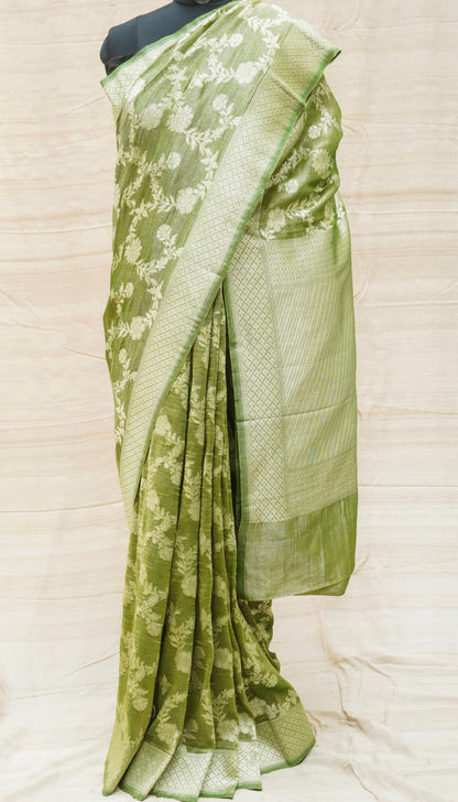 Fern Green Handloom Tissue Silk Banarasi Kadwa Saree - Khinkhwab