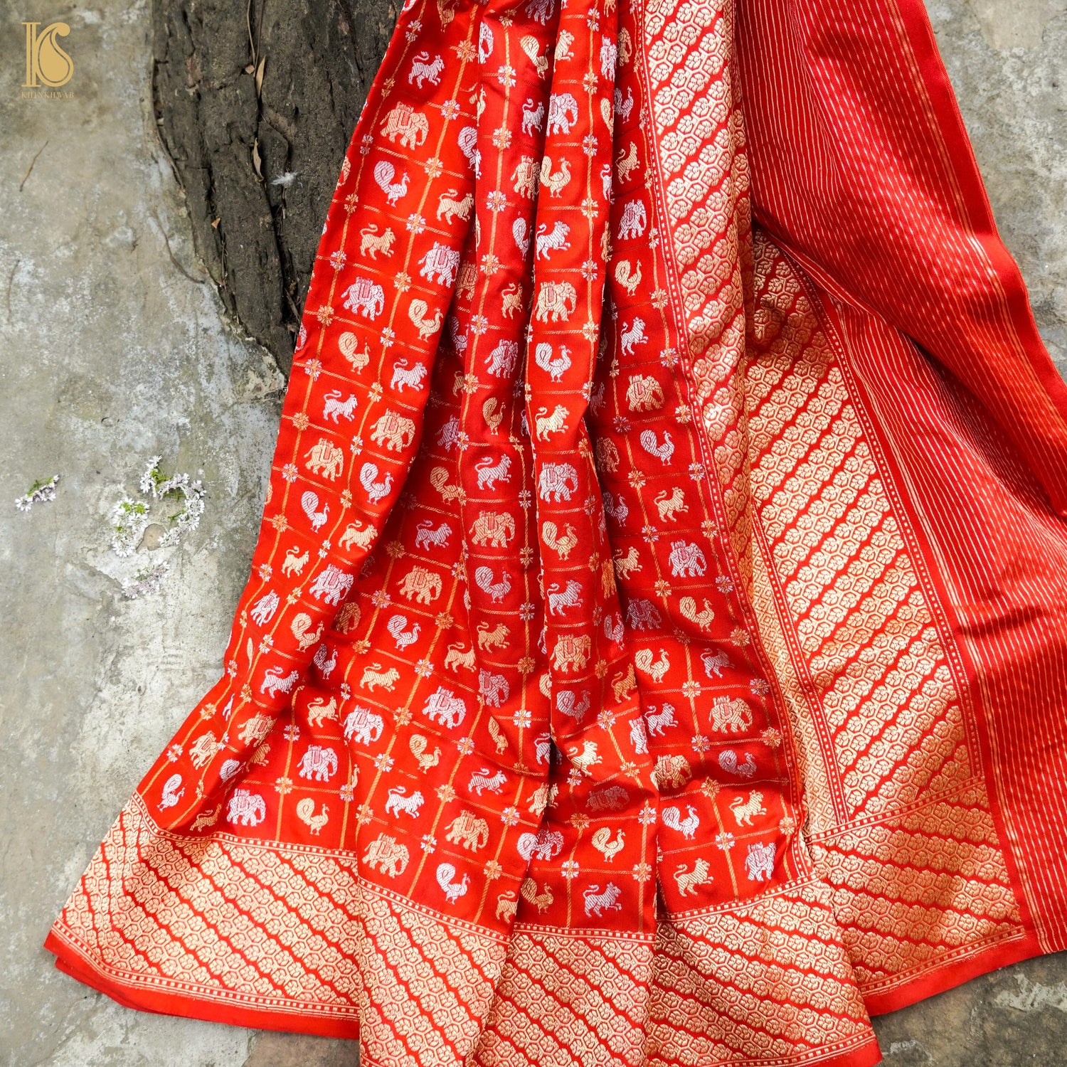 Venetian Red Handloom Katan Silk Banarasi Shikargah Check Kadwa Ektara Saree - Khinkhwab