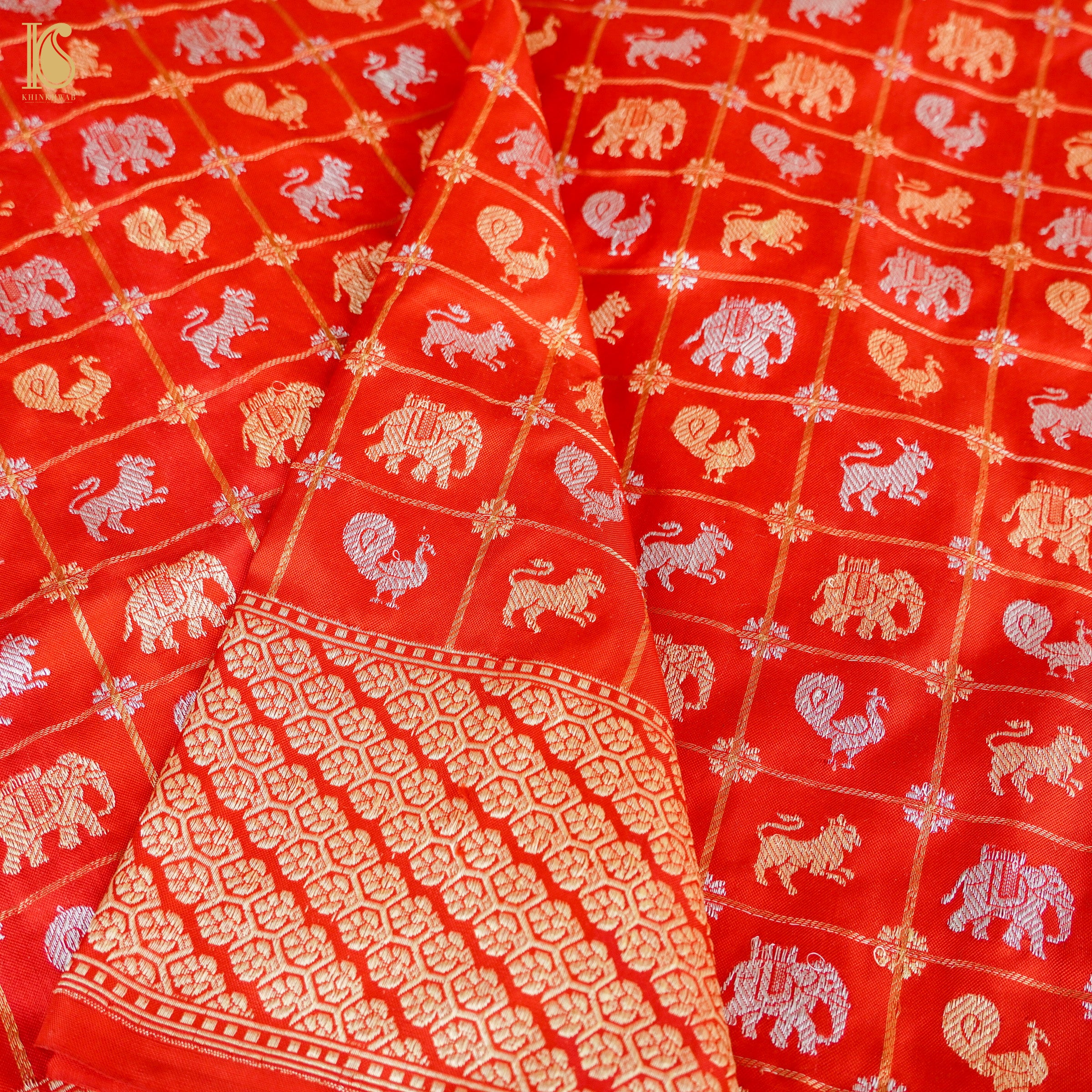 Venetian Red Handloom Katan Silk Banarasi Shikargah Check Kadwa Ektara Saree - Khinkhwab