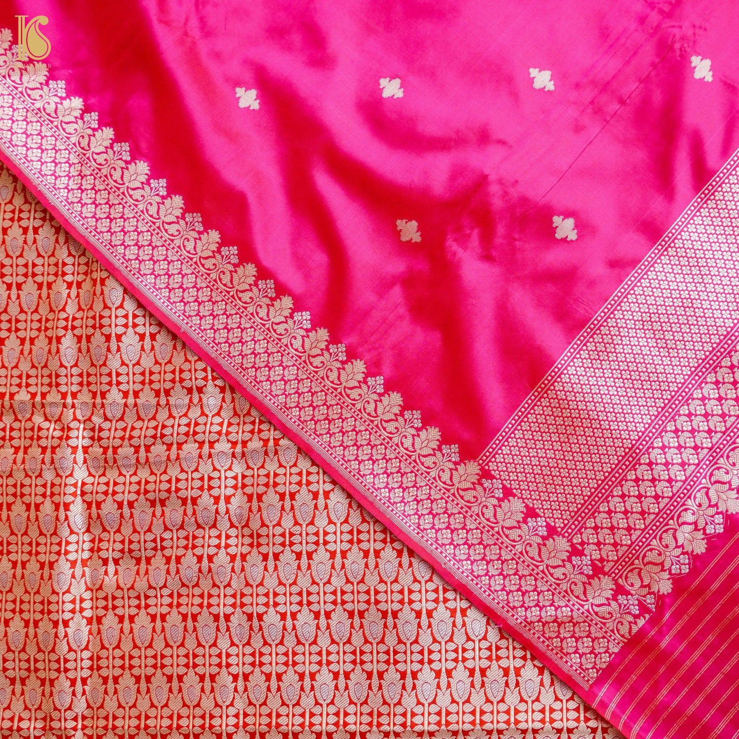 Pink &amp; Red Handwoven Katan Silk Banarasi Suit Set - Khinkhwab
