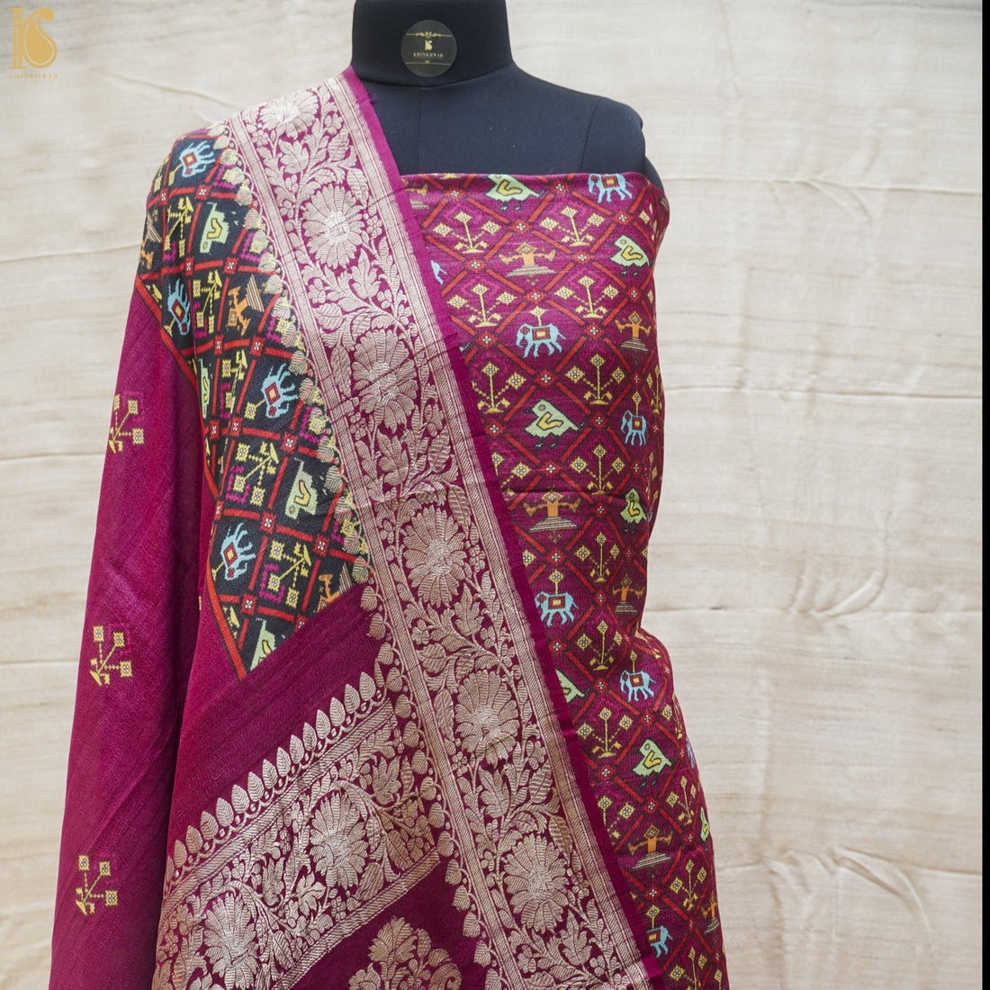 Ruby Red Handwoven Pure Tussar Silk Banarasi Print Suit Set - Khinkhwab