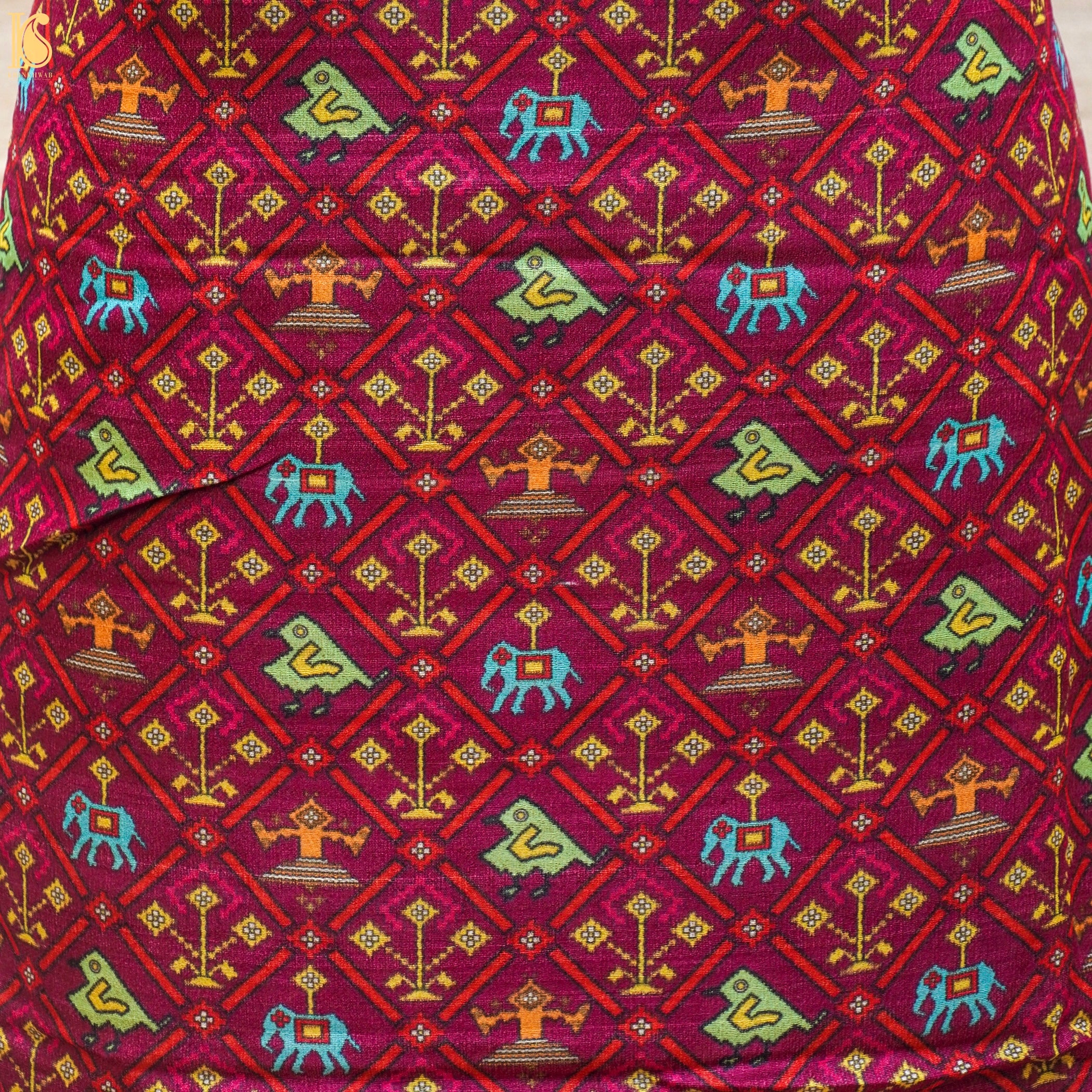 Ruby Red Handwoven Pure Tussar Silk Banarasi Print Suit Set - Khinkhwab