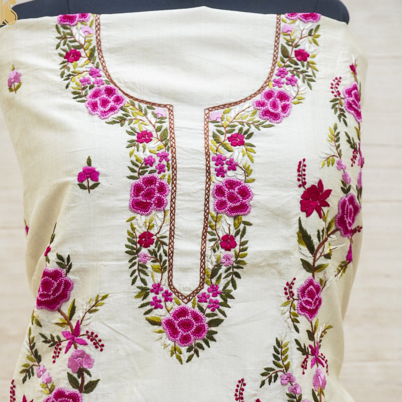 White Handcrafted Parsi Gara Dupion Silk Kurta Fabric - Khinkhwab