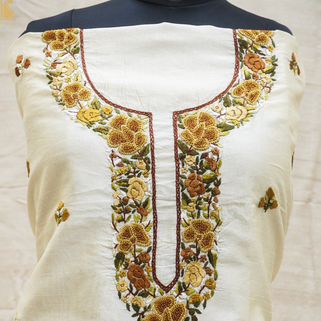 White Handcrafted Parsi Gara Dupion Silk Kurta Fabric - Khinkhwab