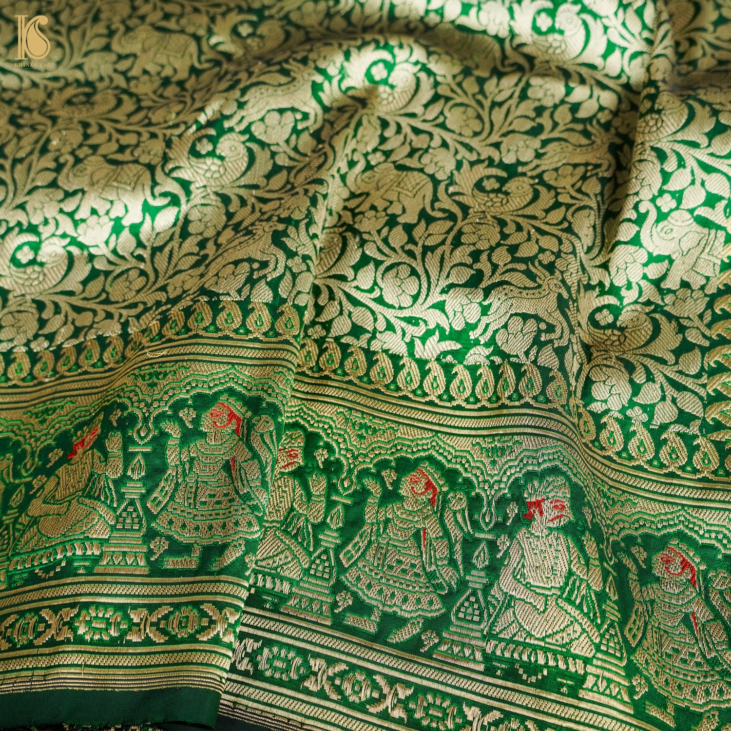 Spring Green Pure Katan Silk Shikargah Baluchari Banarasi Saree - Khinkhwab