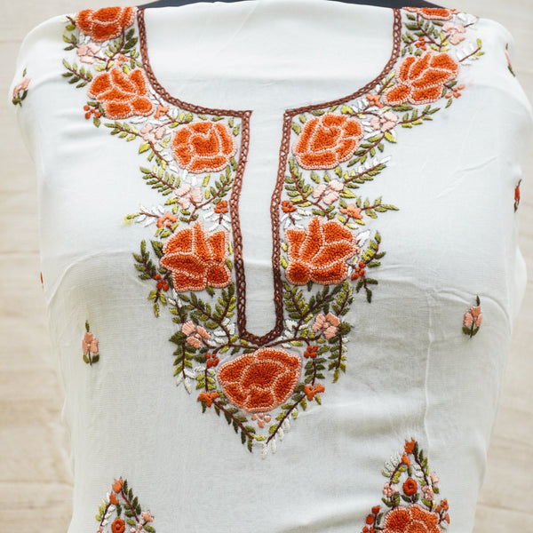White Handcrafted Parsi Gara Viscose Georgette Kurta Fabric - Khinkhwab