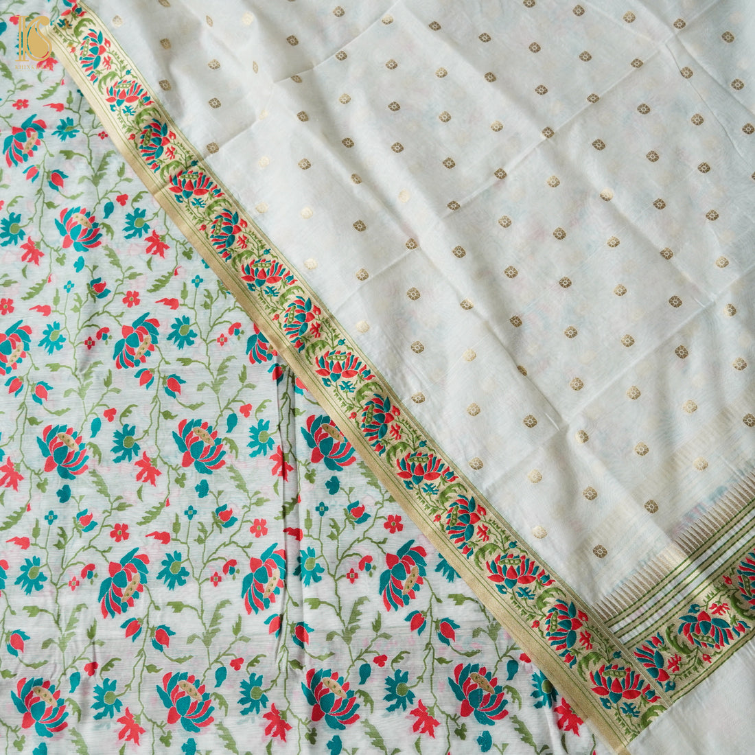 White Cotton Silk Meenakari Banarasi Suit Set - Khinkhwab
