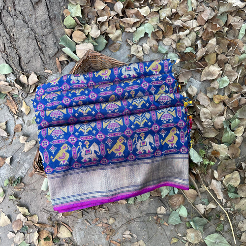 Smalt Blue Handwoven Pure Katan Silk Banarasi Patola Saree - Khinkhwab