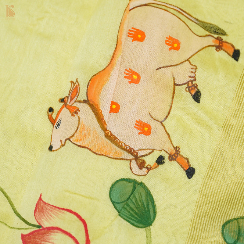 Goldenrod Yellow Pure Cotton Hand Painted Pichwai Banarasi Saree - Khinkhwab