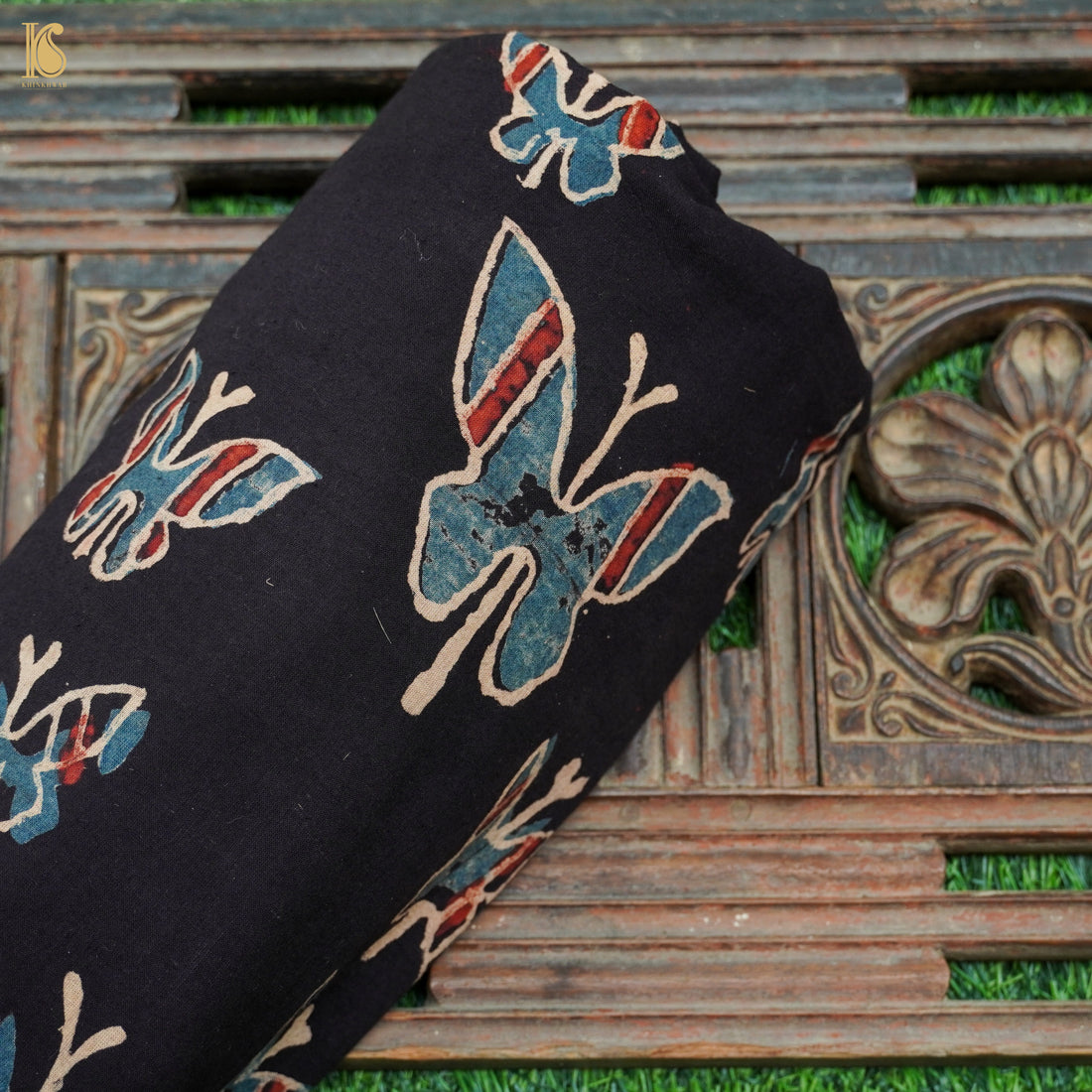 Black Hand Block Ajrakh Cotton Butterfly Fabric - Khinkhwab