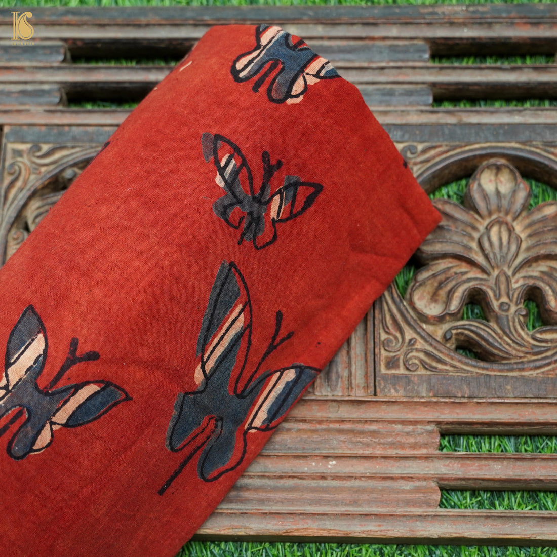 Red Hand Block Ajrakh Cotton Butterfly Fabric - Khinkhwab