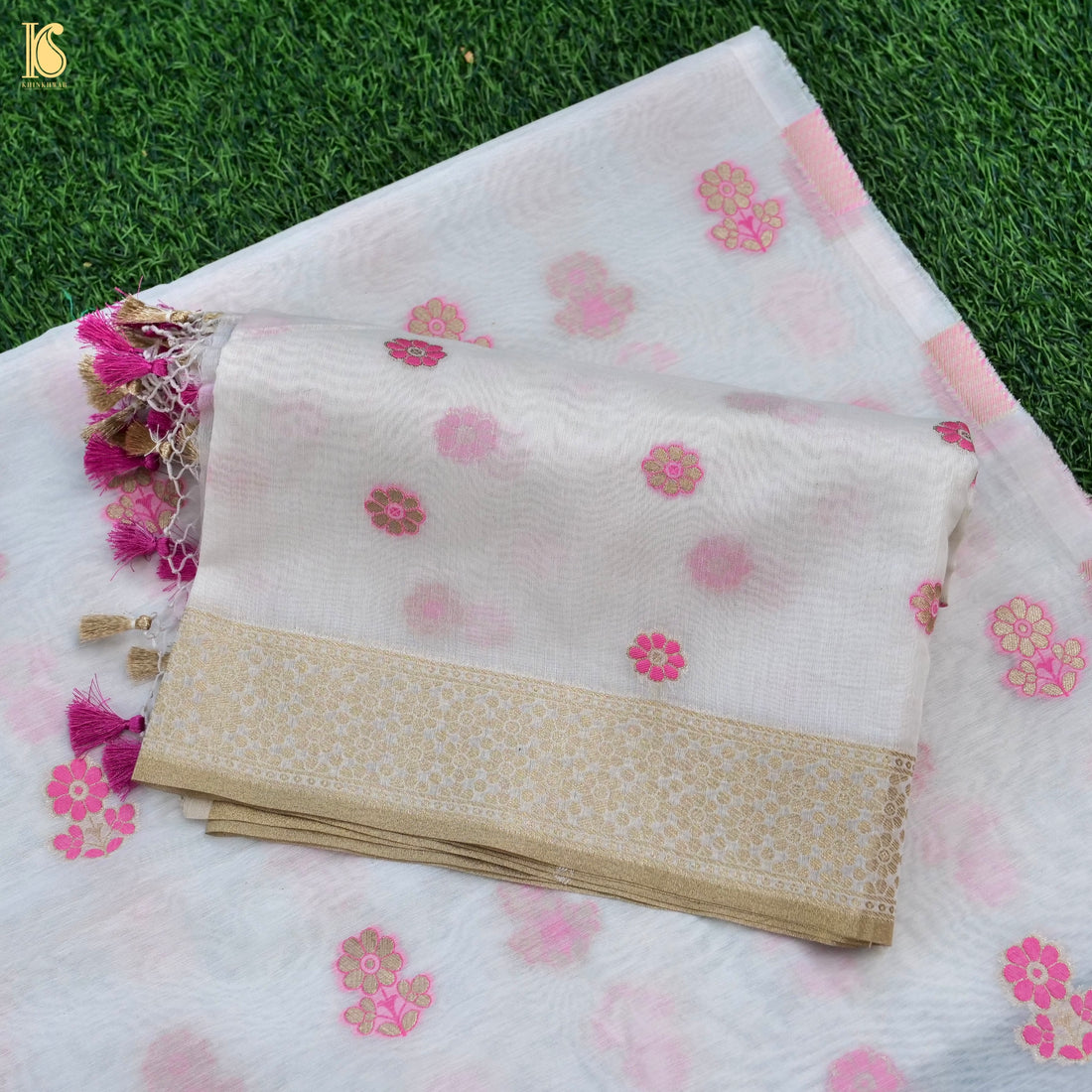 White &amp; Pink Pure Cotton Silk Meenakari Banarasi Suit Set - Khinkhwab