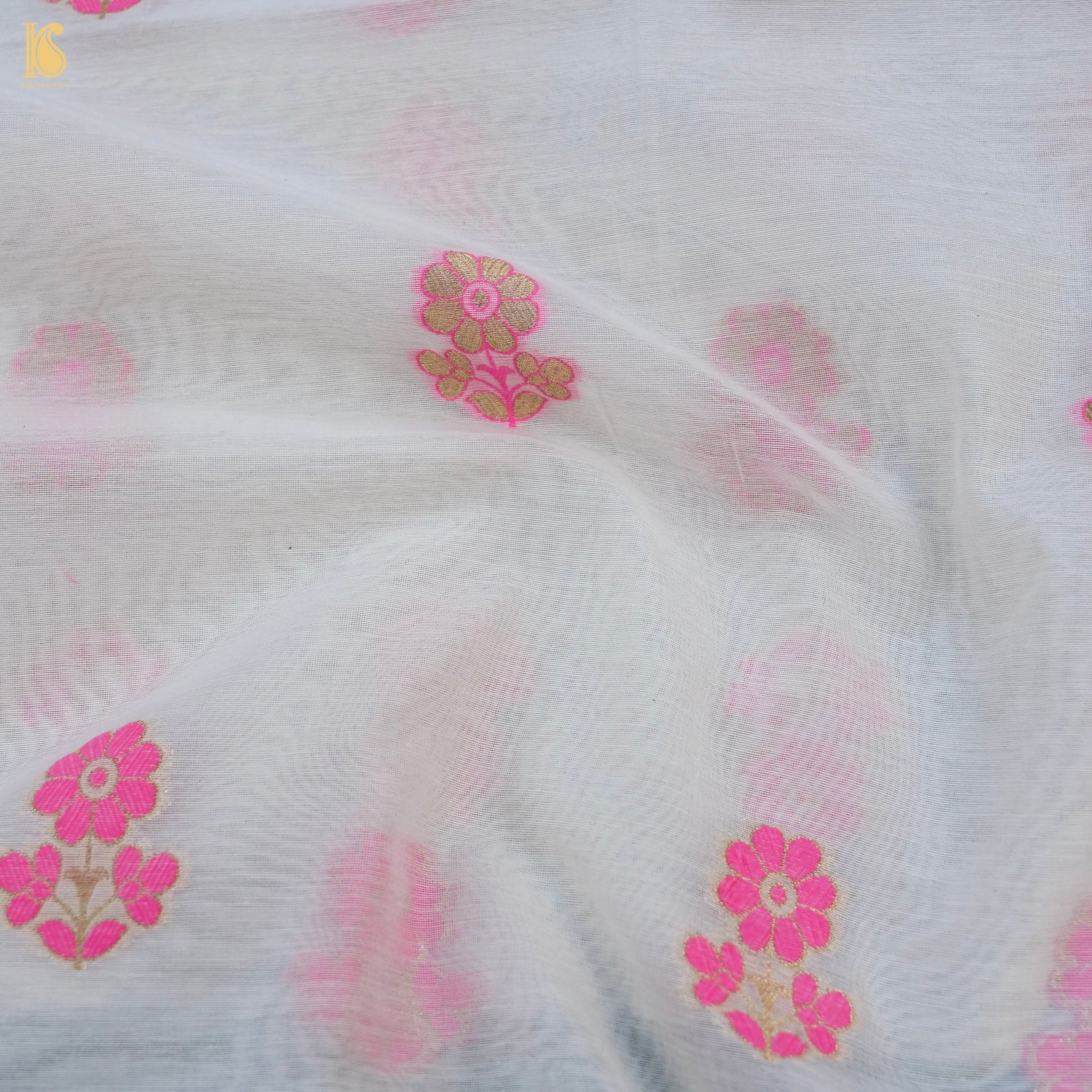 White &amp; Pink Pure Cotton Silk Meenakari Banarasi Suit Set - Khinkhwab