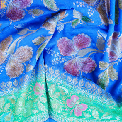 Blue Pure Georgette Handloom Banarasi Dahlia Saree - Khinkhwab
