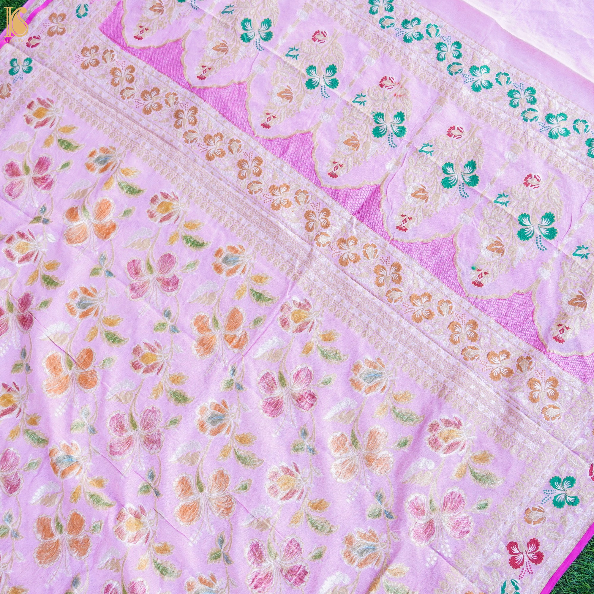 Thistle Pink Pure Georgette Handloom Banarasi Dahlia Saree - Khinkhwab