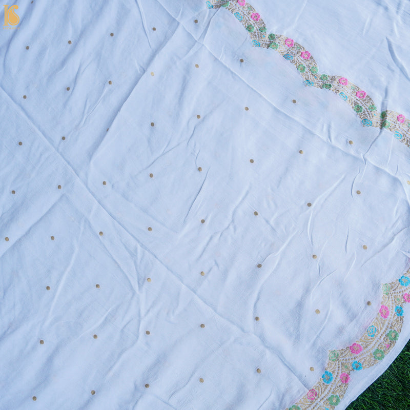 White Pure Georgette Handloom Banarasi Scalloped Border Dupatta - Khinkhwab