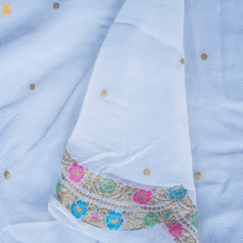 White Pure Georgette Handloom Banarasi Scalloped Border Dupatta - Khinkhwab