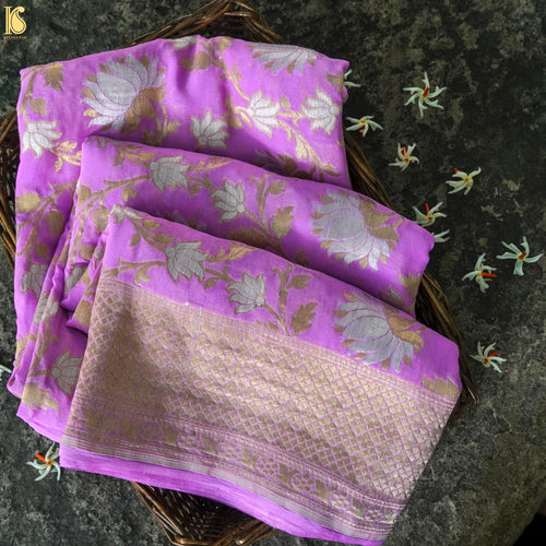 Plum Purple Pure Georgette Handloom Banarasi Jaal Lotus Saree - Khinkhwab