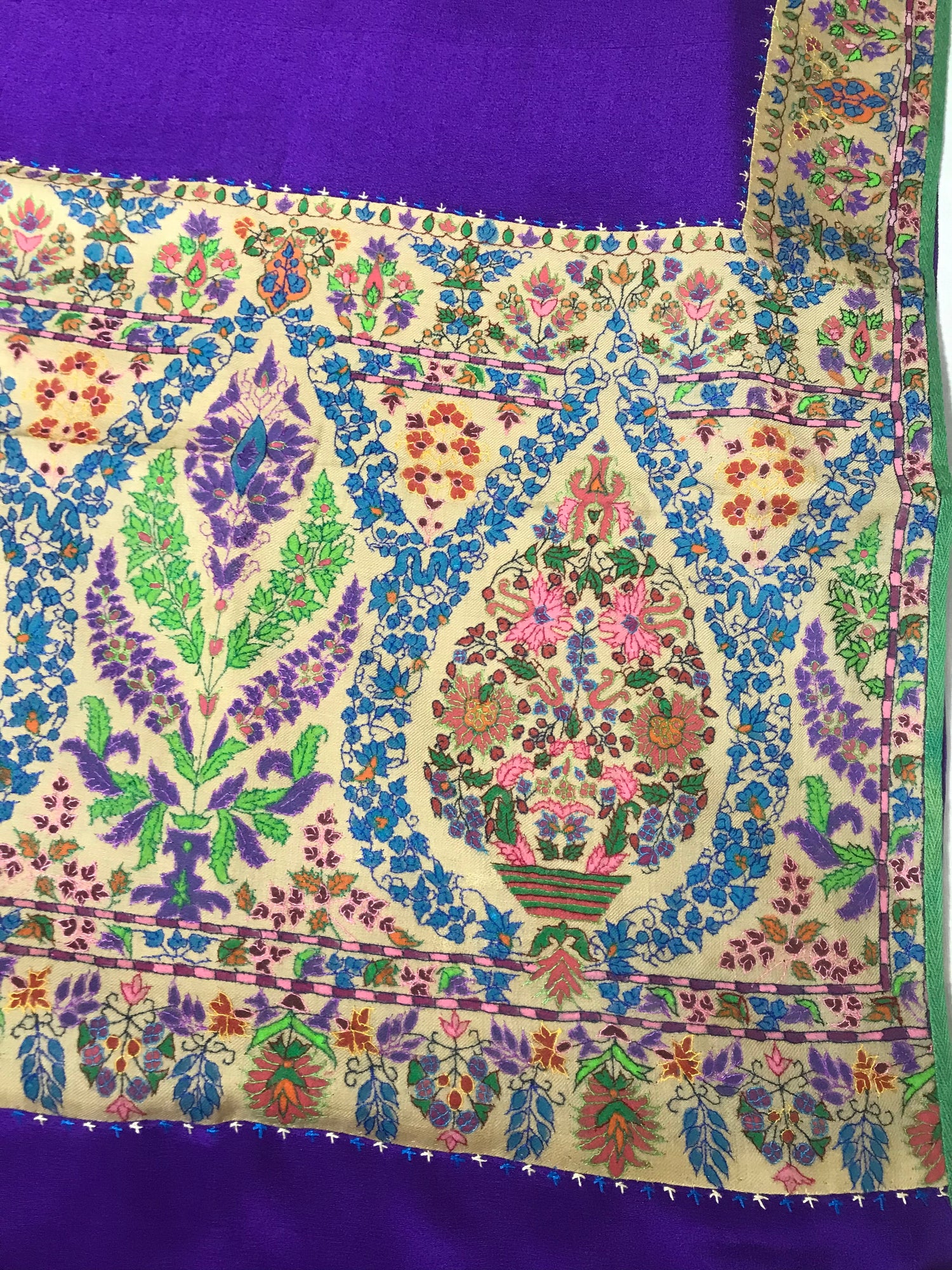 Purple Crepe Silk Kalamkari Hand Embroidery Pashmina Border Kashmiri Saree - Khinkhwab