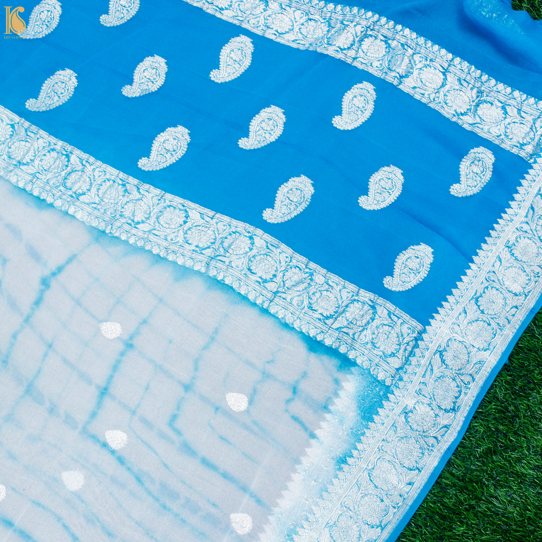 Pacific Blue Pure Georgette Handloom Banarasi Shibori Saree - Khinkhwab