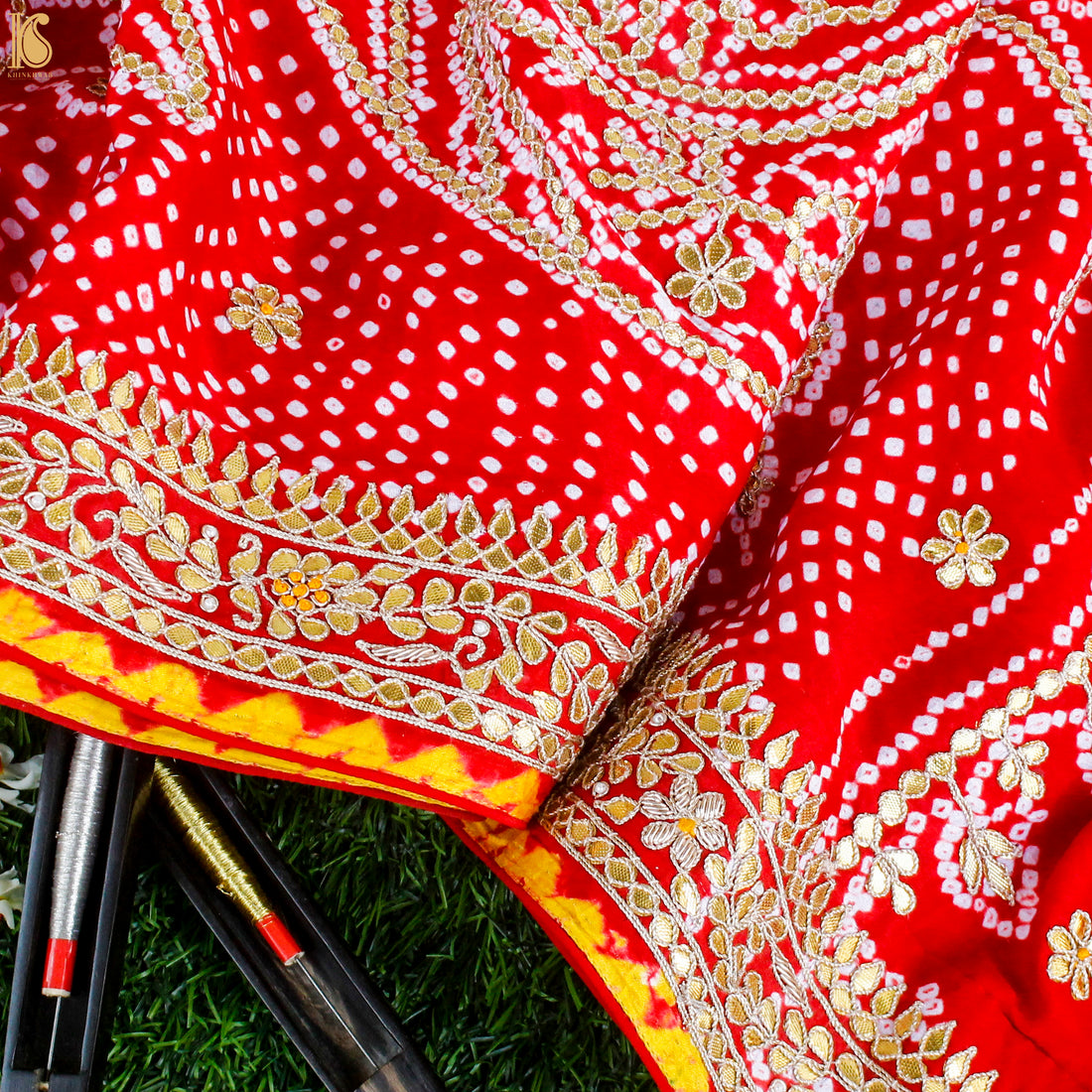 Preorder - Red Pure Gajji Silk Bandhani Gotta Patti Saree - Khinkhwab