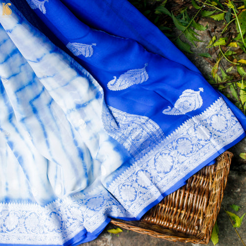 Navy Blue Pure Georgette Handloom Banarasi Shibori Saree - Khinkhwab