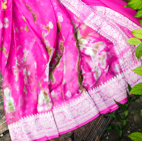 Razzle Dazzle Rose Pure Georgette Handloom Banarasi Shibori Saree - Khinkhwab