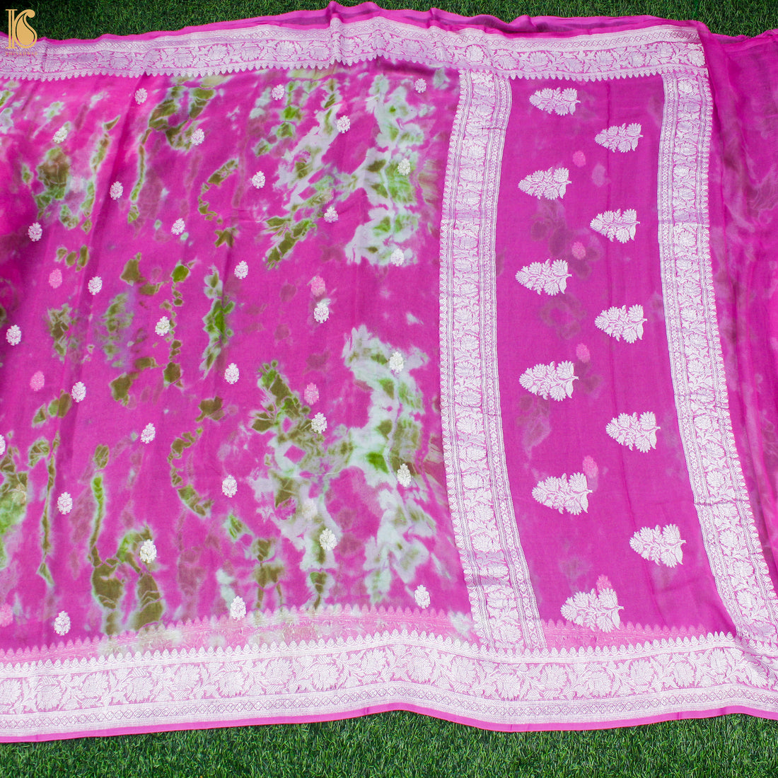 Razzle Dazzle Rose Pure Georgette Handloom Banarasi Shibori Saree - Khinkhwab