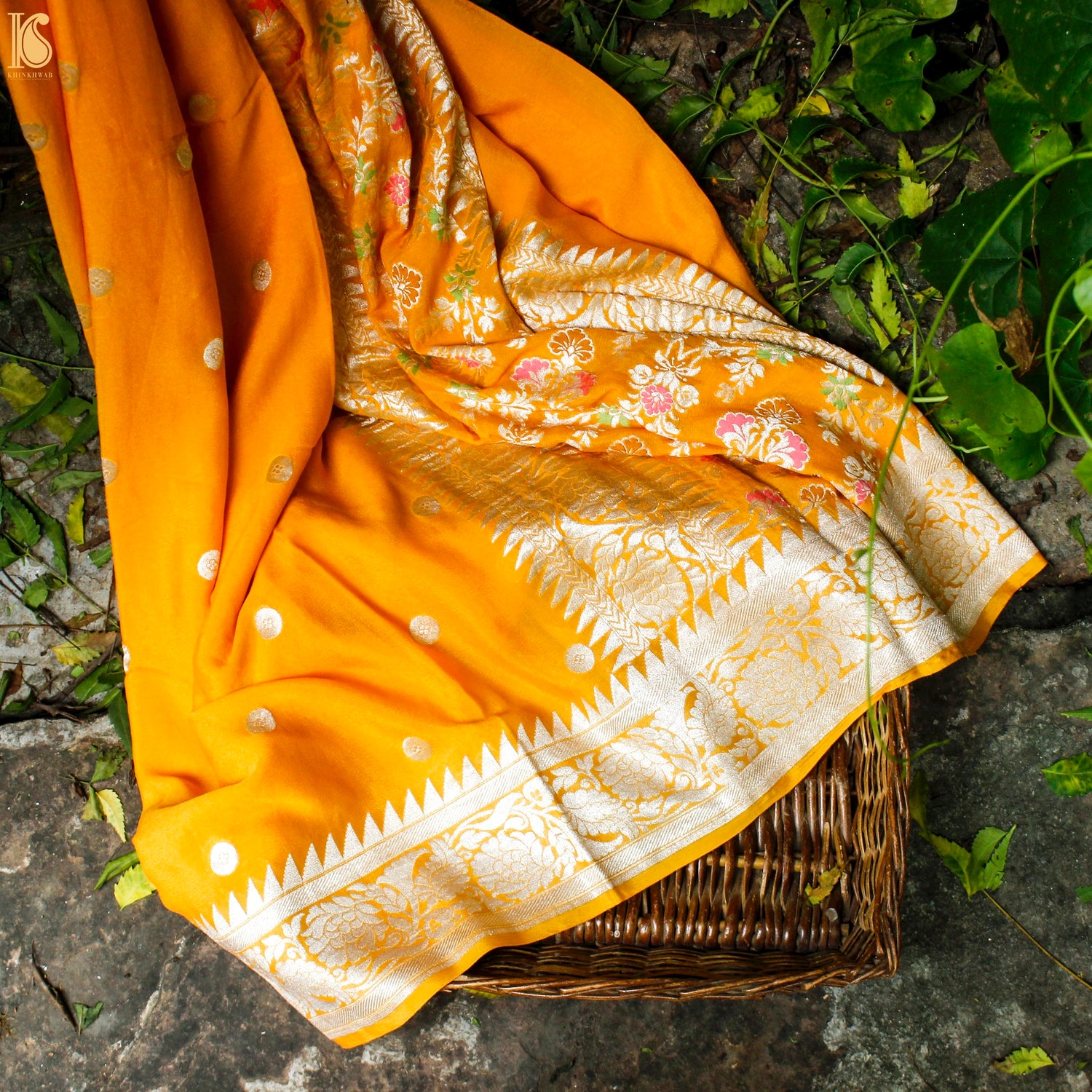 Orange Pure Georgette Handloom Banarasi Ashrafi Boota Saree - Khinkhwab