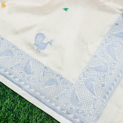 Ecru White Pure Katan Silk Handwoven Banarasi Kadwa Resham Dupatta - Khinkhwab
