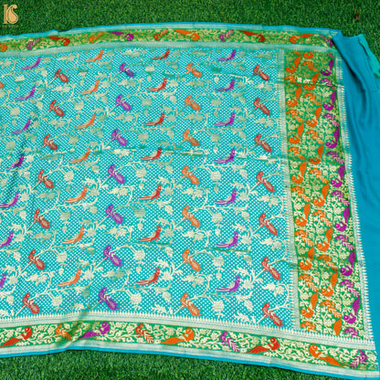 Turquoise Pure Georgette Shikargah Handloom Banarasi Dupatta - Khinkhwab