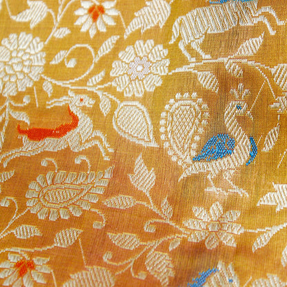 Handwoven Apache Orange Pure Katan Silk Banarasi Shikargah Fabric - Khinkhwab