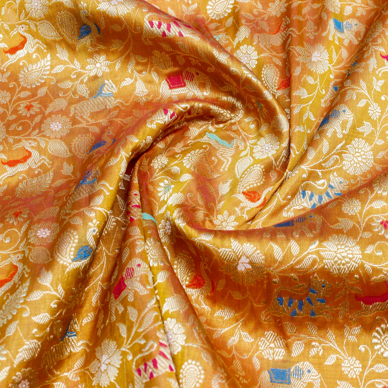 Handwoven Apache Orange Pure Katan Silk Banarasi Shikargah Fabric - Khinkhwab