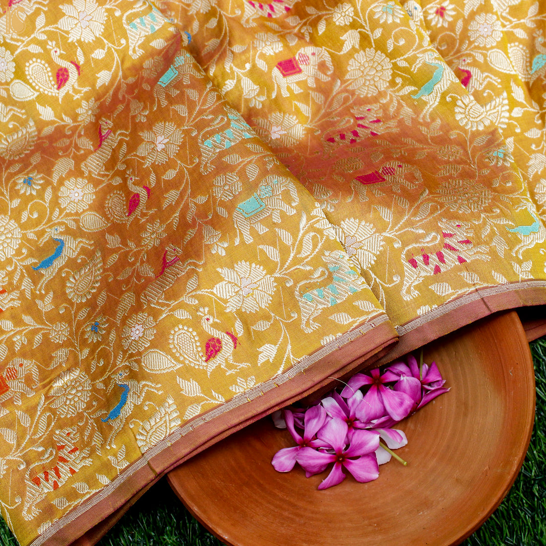 Handwoven Apache Orange Pure Katan Silk Banarasi Shikargah Fabric - Khinkhwab