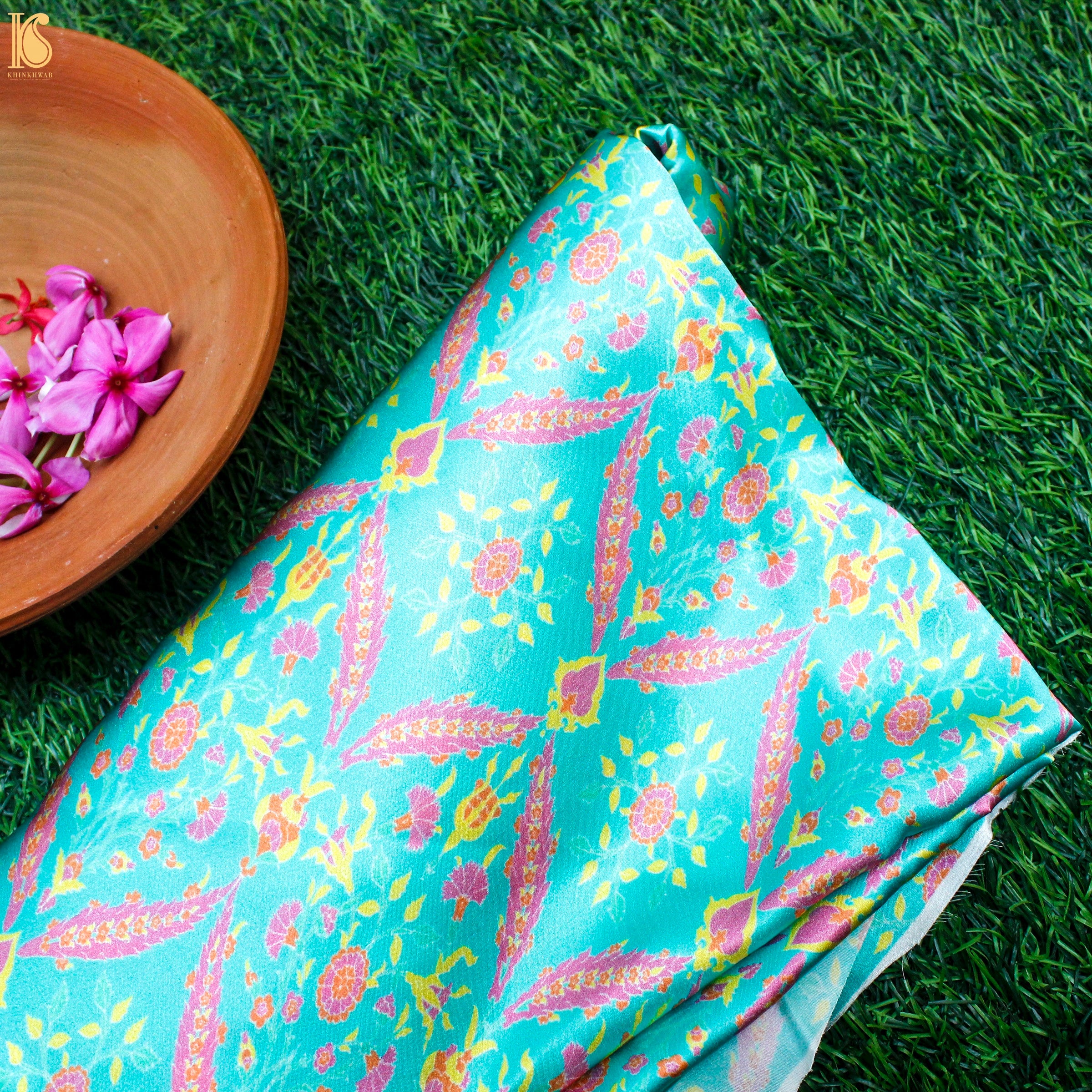 NERGİS - Turquoise Pure Sateen Silk Print Fabric - Khinkhwab
