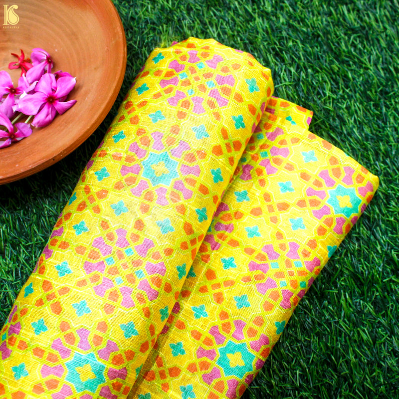 NİLÜFER - Milan Yellow Pure Raw Silk Print Fabric - Khinkhwab