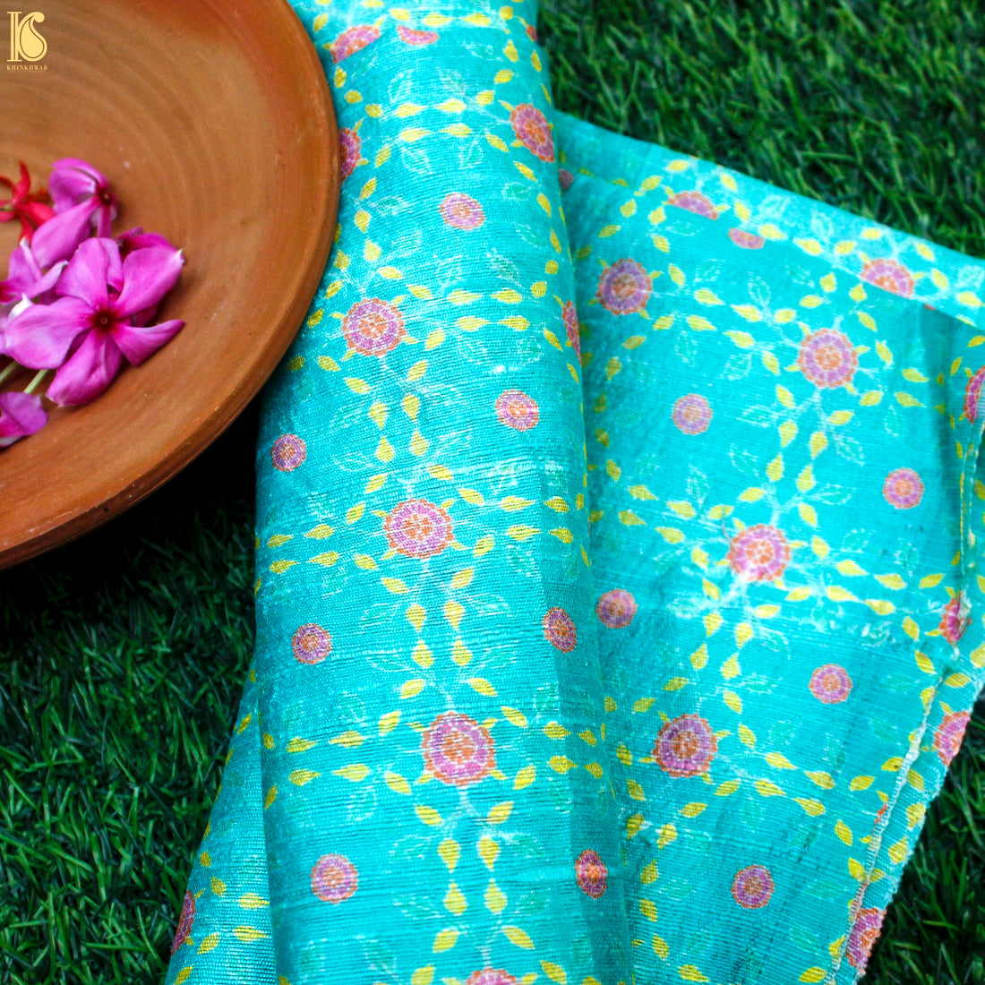 KARANFİL - Turquoise Pure Raw Silk Print Fabric - Khinkhwab