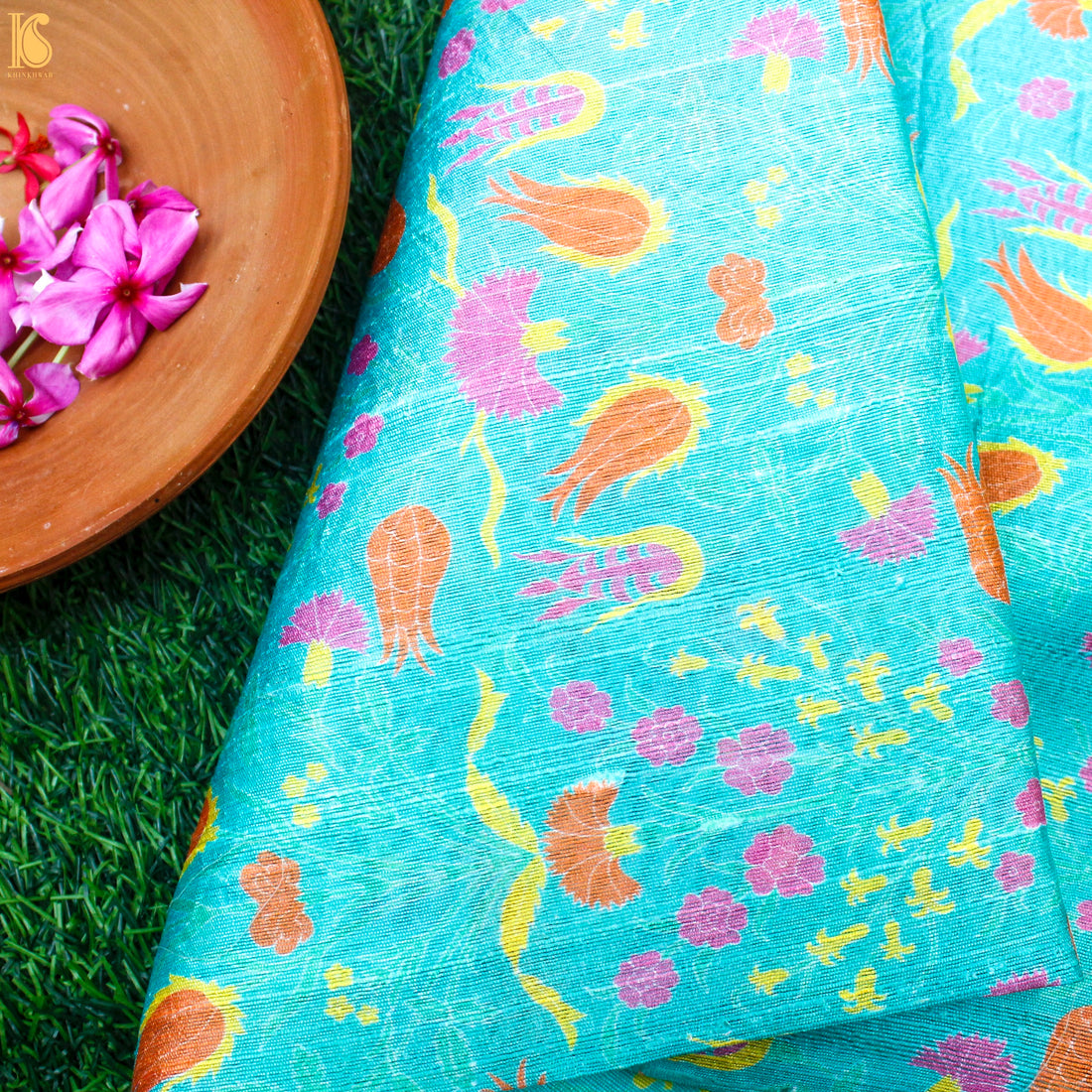 Lale- Turquoise Pure Raw Silk Print Fabric - Khinkhwab